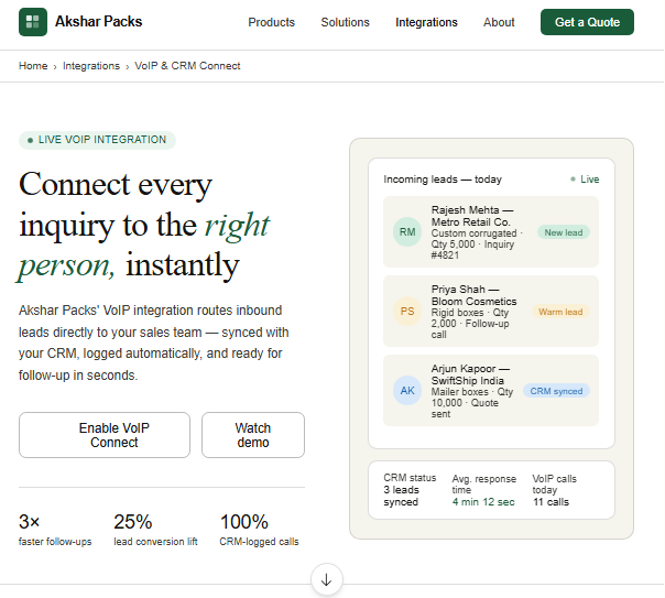 Akshar Packs CRM inquiry form design