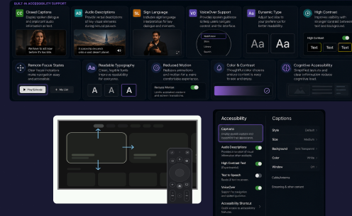 Apple TV+ built-in accessibility support — Closed Captions, Audio Descriptions, Sign Language, VoiceOver, Dynamic Type, and high contrast