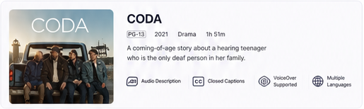 CODA title card surfacing Audio Description, Closed Captions, VoiceOver support, and multiple languages up front
