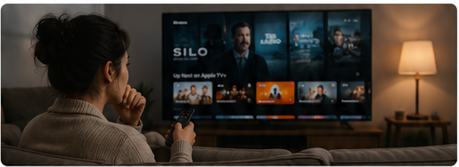 A viewer browsing Apple TV+ on a living room television
