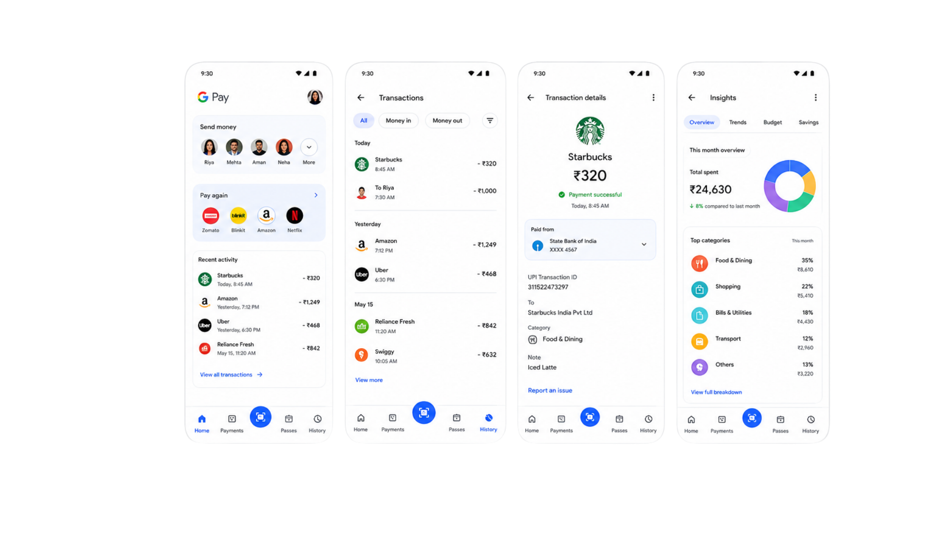 Current Google Pay experience — transactions and history screens that end at the payment