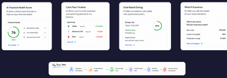 Concept directions — AI financial health score, cash flow timeline, goal-based saving, and what-if scenarios