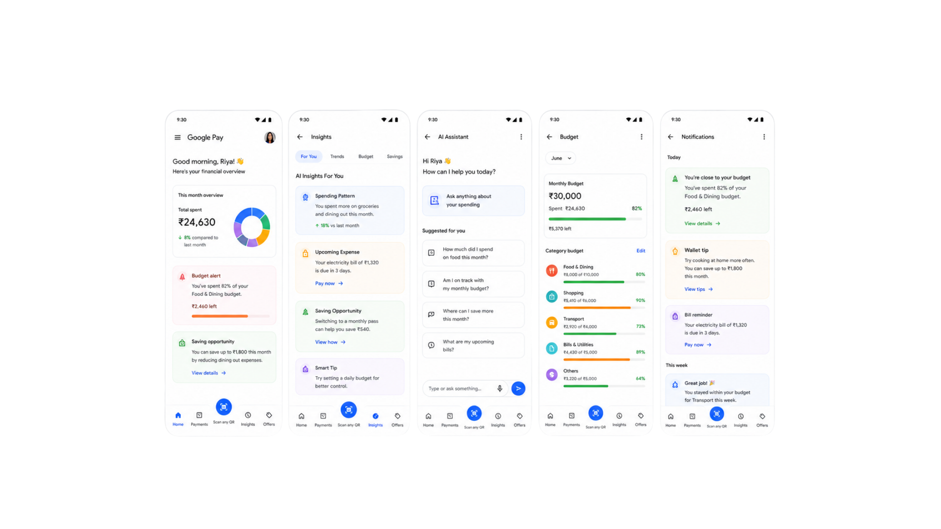 Redesigned Google Pay screens — AI insights, assistant, budget tracking, and proactive notifications