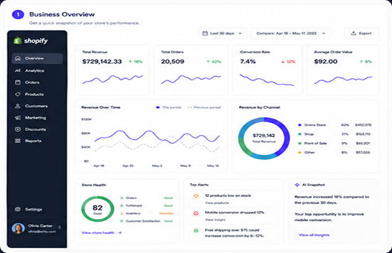 Shopify Merchant Analytics business overview — key metrics and AI insights summarized in one view