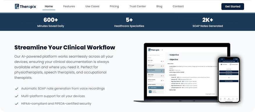 Therapix multi-device clinical workflow — laptop and phone showing a SOAP note