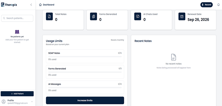 The final Therapix web application dashboard