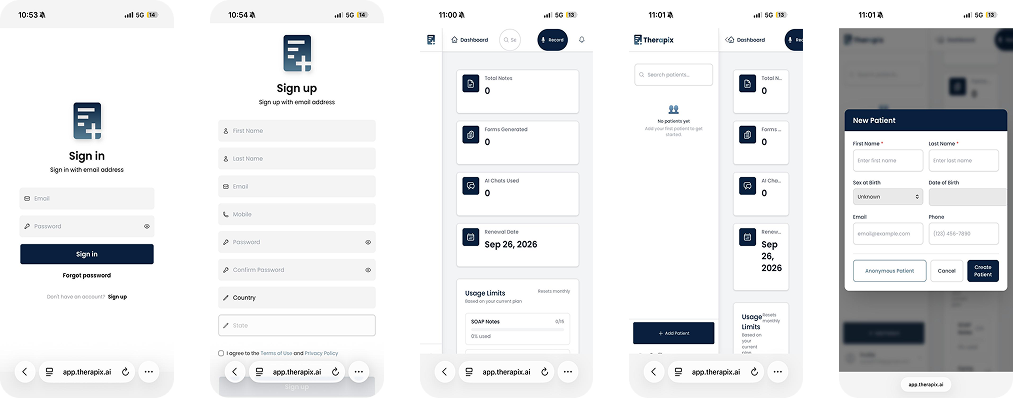 Therapix dashboard and usage limits screens showing transparent, reviewable AI output