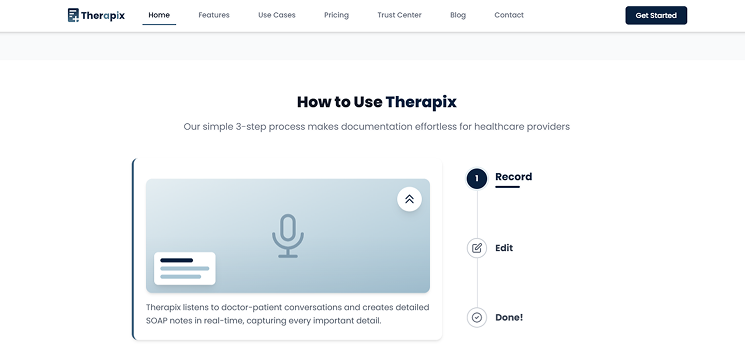 Therapix marketing site — Record, Edit, Done 3-step process