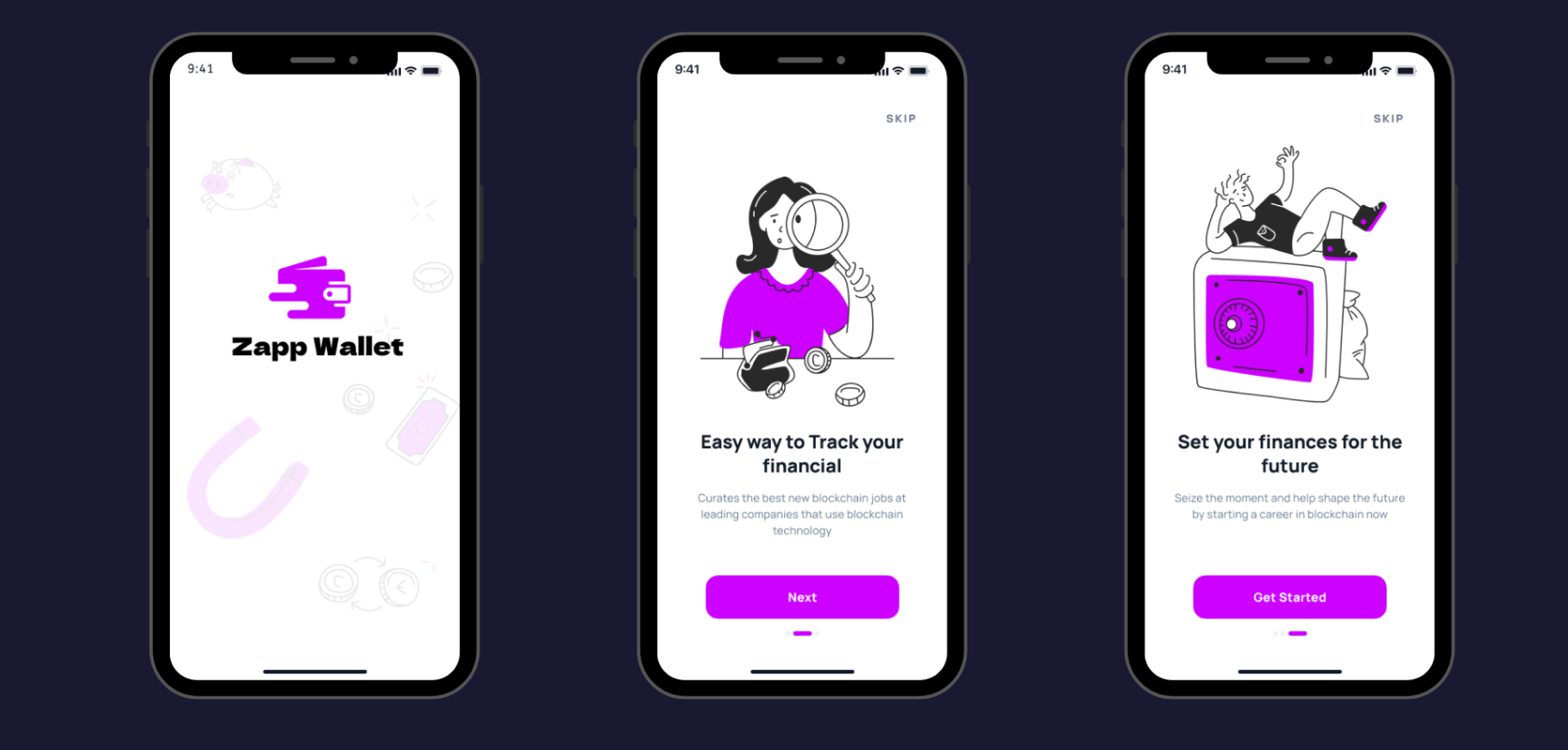Zapp Wallet splash and onboarding screens