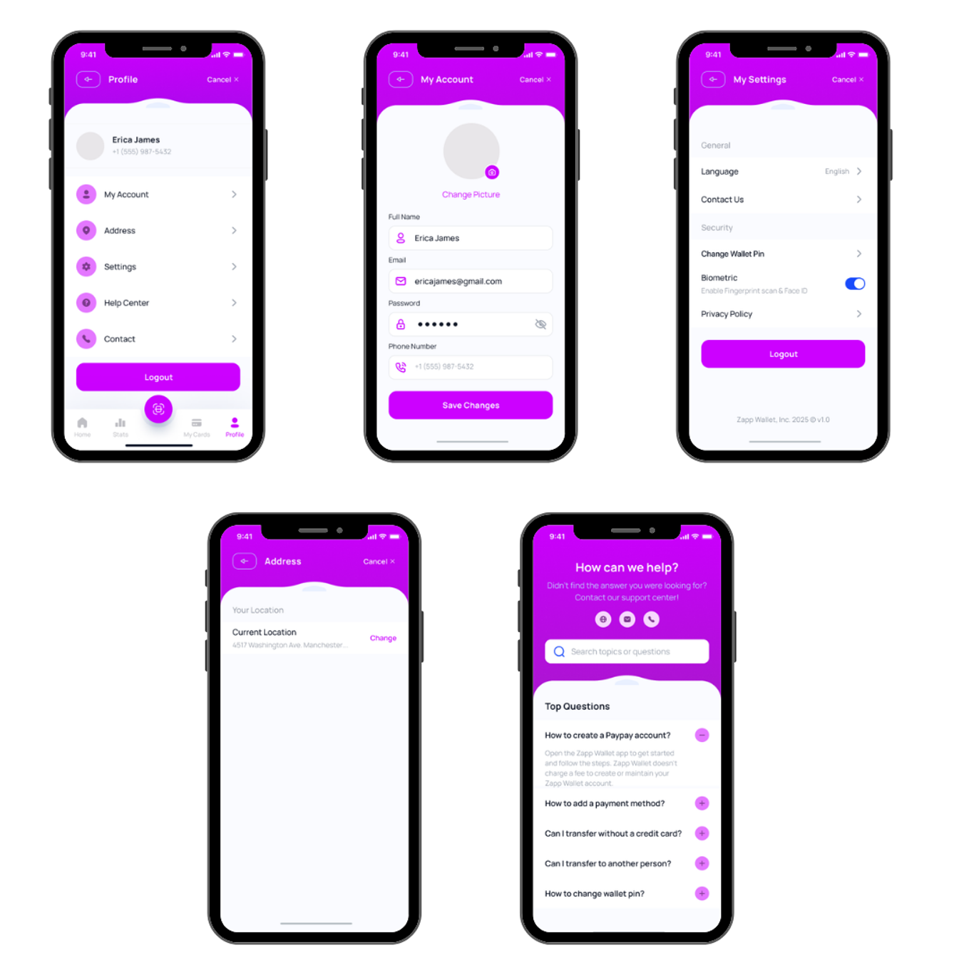 Zapp Wallet profile, settings, and security screens