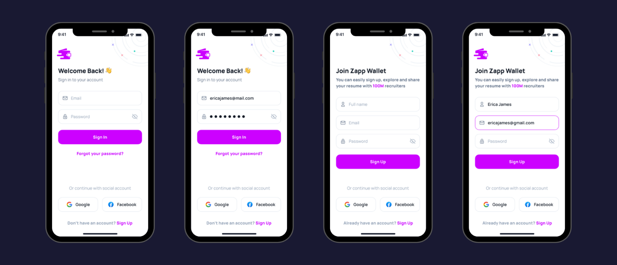 Zapp Wallet authentication and sign-up research screens